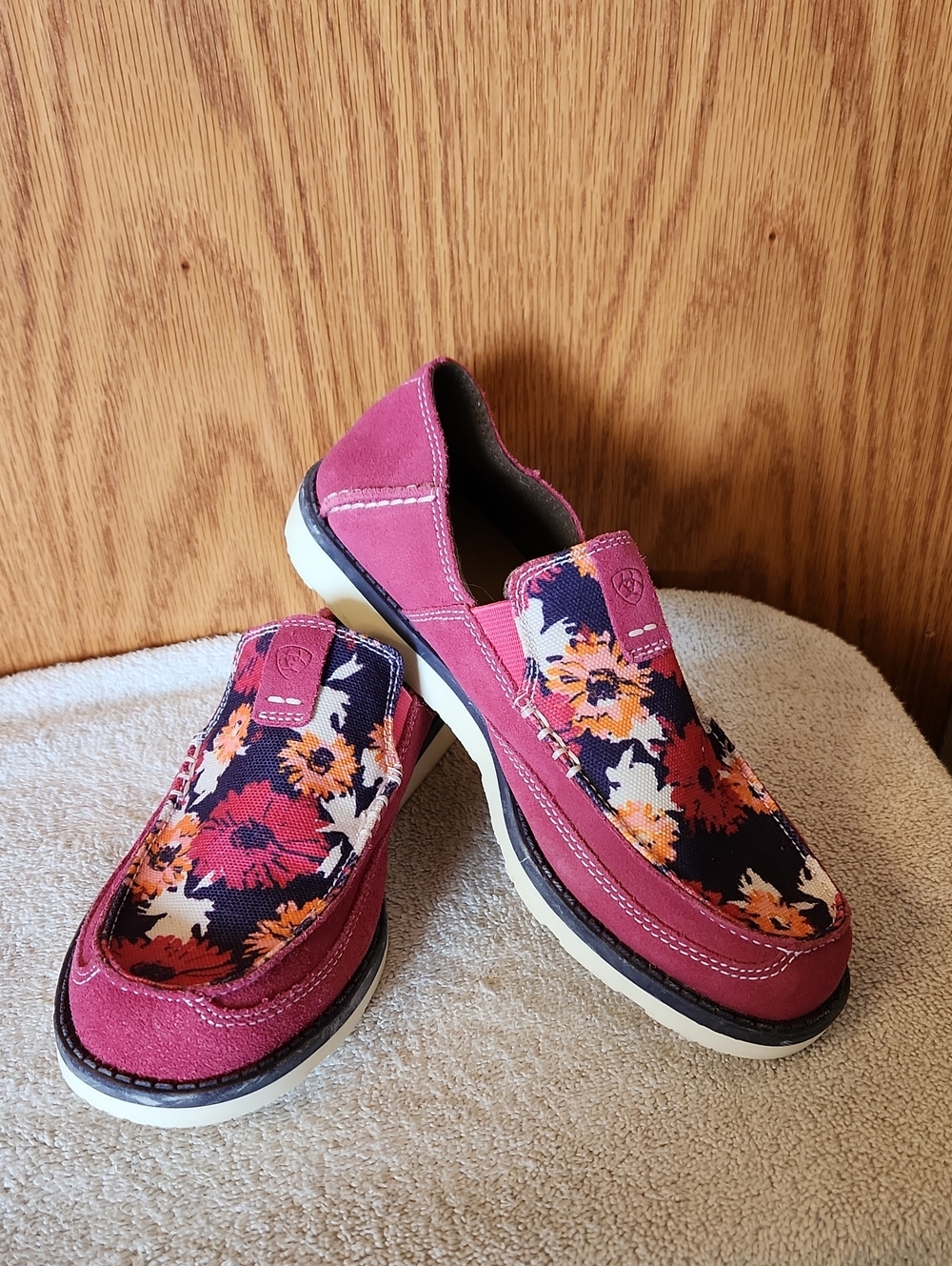 Ariat Pink Suede Floral Slip-On Moccasins